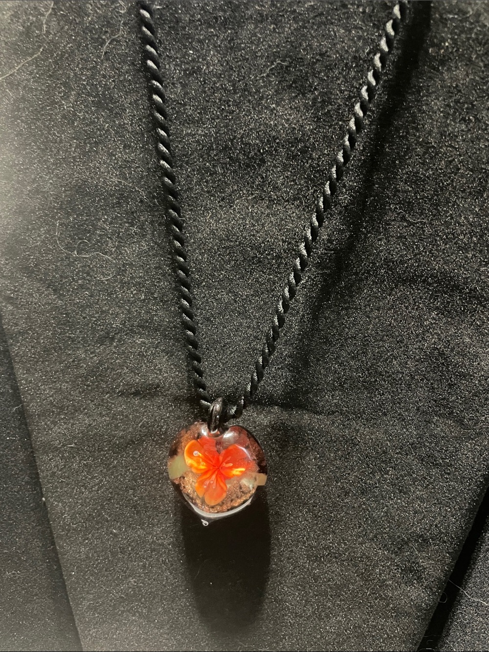 Handmade Black Cord Necklace with Orange Flower Heart Pendant.  M’s